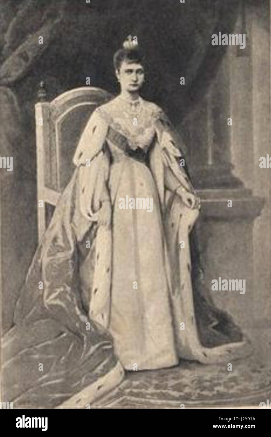 Alexandra Feodorowna, die russische Kaiserin, trug während ihrer Krönung einen zeremoniellen Krönungsmantel. Das Kleid war ein Symbol für ihren königlichen Status und seine Verbindungen zum russischen kaiserlichen Erbe. Stockfoto