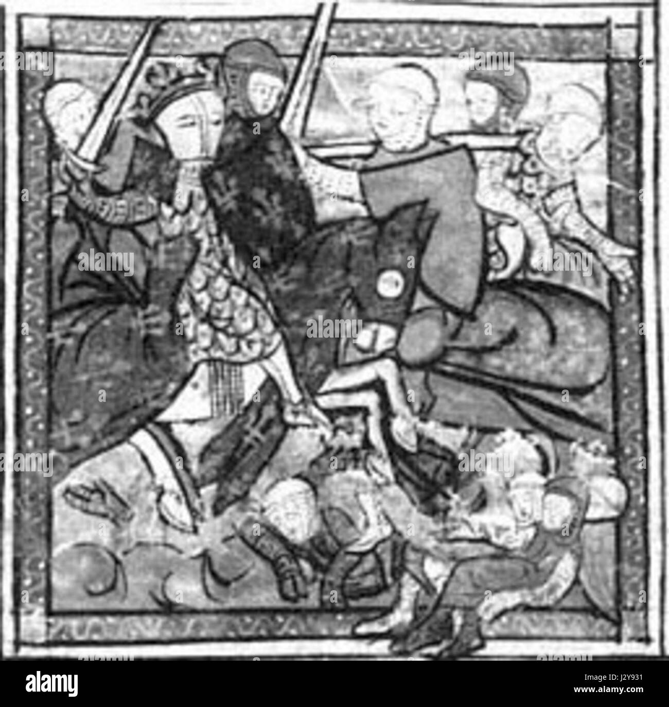 Eine Illustration, die die Schlacht von Bouvines zeigt, ein bedeutender mittelalterlicher Konflikt, der 1214 ausgetragen wurde, und die Schlüsselfiguren und Ereignisse der Schlacht hervorhebt. Stockfoto