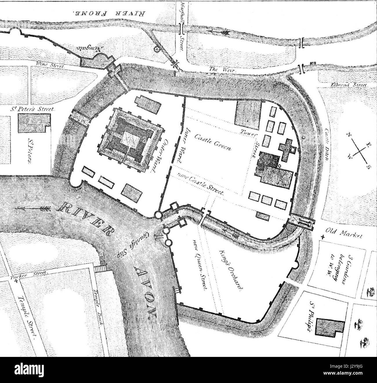 Ein historischer Plan von Bristol Castle aus der Antike, der sein Design und seine Struktur in der Vergangenheit veranschaulicht und mittelalterliche Architektur und historische Befestigungen widerspiegelt. Stockfoto Ein historischer Plan von Bristol Castle aus der Antike, der sein Design und seine Struktur in der Vergangenheit veranschaulicht und mittelalterliche Architektur und historische Befestigungen widerspiegelt. Stockfoto
