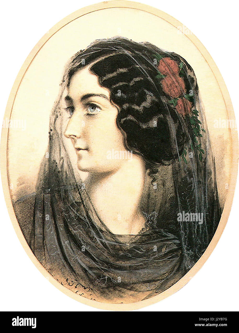 Dieses Gemälde von C. Buchner aus dem Jahr 1847 mit dem Titel „Lola Montez“ zeigt die berühmte Tänzerin und Schauspielerin, die für ihre Auftritte und ihr turbulentes Leben in Europa und Amerika bekannt ist. Stockfoto