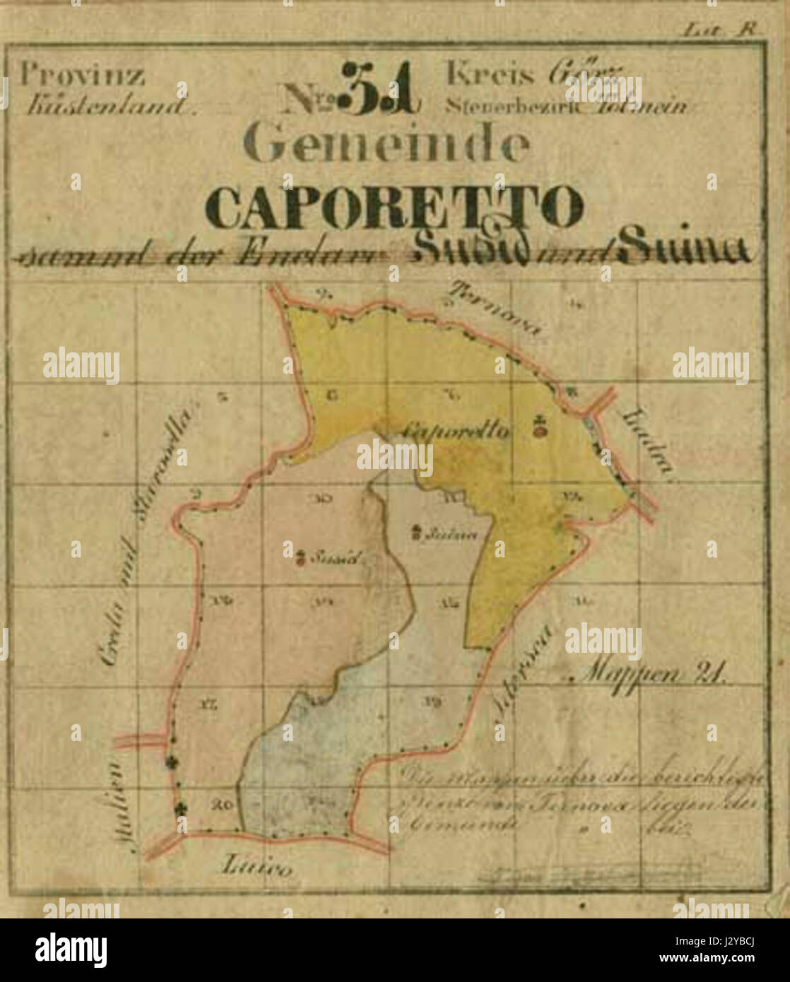 Der Begriff *Caporetto* bezieht sich auf eine Schlacht im Ersten Weltkrieg, die 1917 zwischen italienischen und österreichisch-ungarischen Truppen stattfand. Das *Caporetto kroki* könnte sich auf Skizzen oder Darstellungen der Schlacht beziehen, was seine historische Bedeutung widerspiegelt. Stockfoto