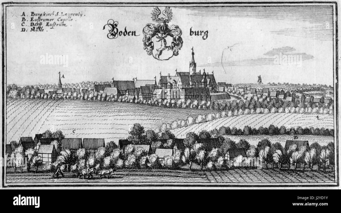 Bodenburg, wie sie auf einer historischen Karte von Merian dargestellt ist, zeigt die Grundrisse der Stadt oder Region im 17. Jahrhundert. Die Karte zeigt die architektonischen und geografischen Merkmale der Zeit und bietet Einblicke in die frühe europäische Kartographie und Stadtplanung. Stockfoto Bodenburg, wie sie auf einer historischen Karte von Merian dargestellt ist, zeigt die Grundrisse der Stadt oder Region im 17. Jahrhundert. Die Karte zeigt die architektonischen und geografischen Merkmale der Zeit und bietet Einblicke in die frühe europäische Kartographie und Stadtplanung. Stockfoto