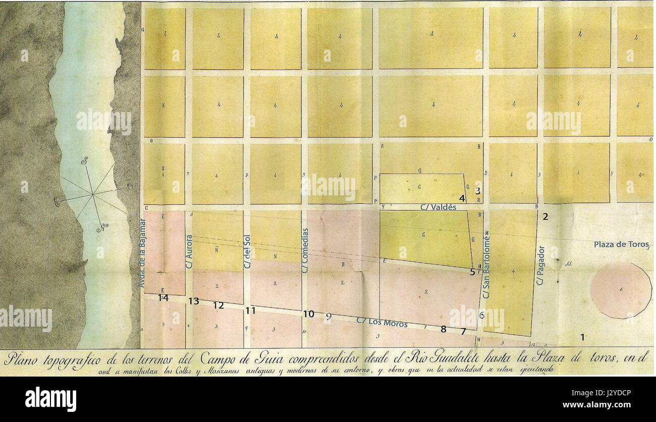 Der Begriff „Campodeguiaplano“ bezieht sich wahrscheinlich auf eine alte Karte oder einen Plan für ein bestimmtes Gebiet, möglicherweise aus Spanien, die eine frühe städtische oder ländliche Siedlung mit historischer Bedeutung angibt. Stockfoto