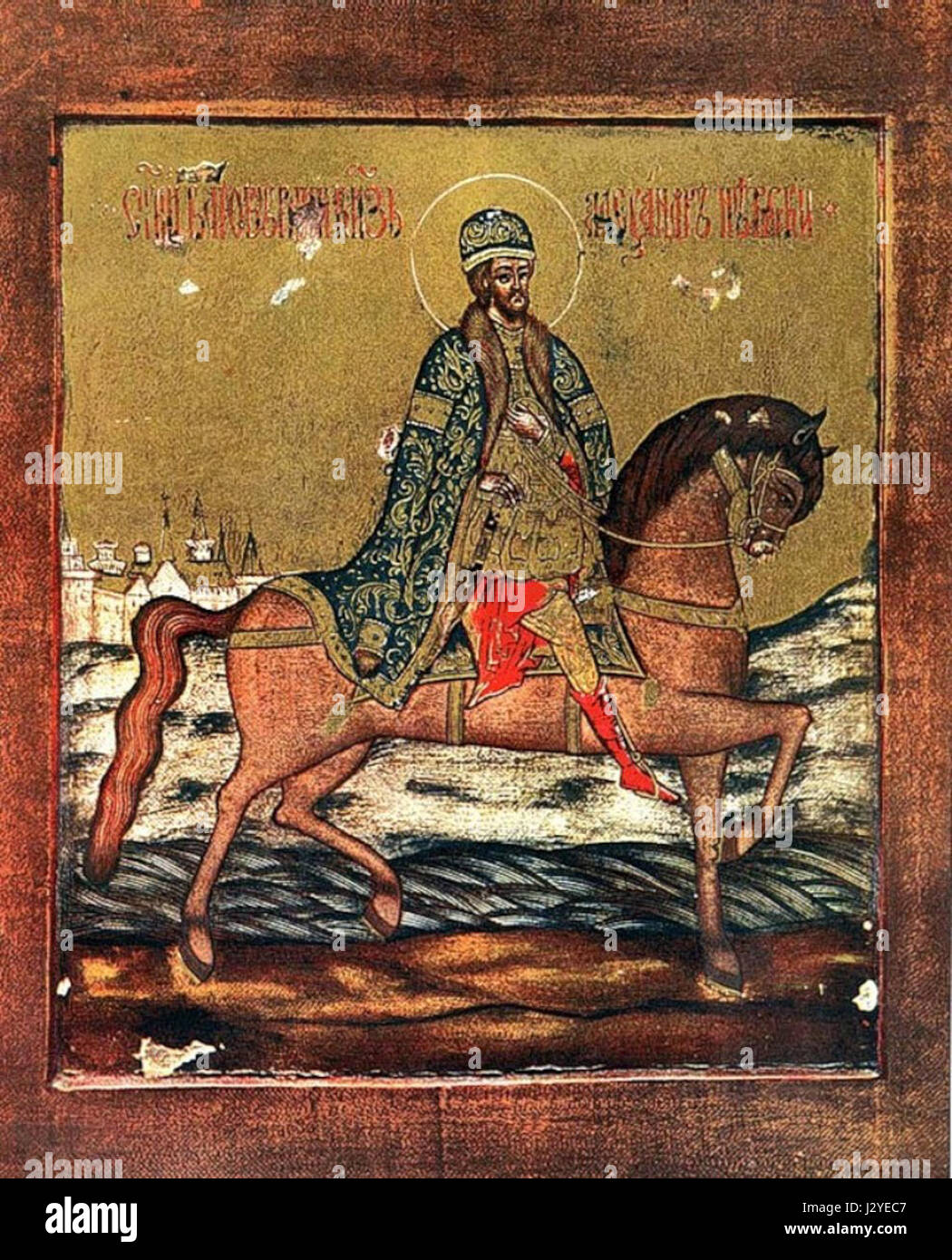 Diese Ikone aus dem 18. Jahrhundert zeigt Alexander Newski, einen russischen Militärhelden und heiligen, der in einem religiösen und historischen Kontext auf einem Pferd reitet und seine Tapferkeit und Führung symbolisiert. Stockfoto