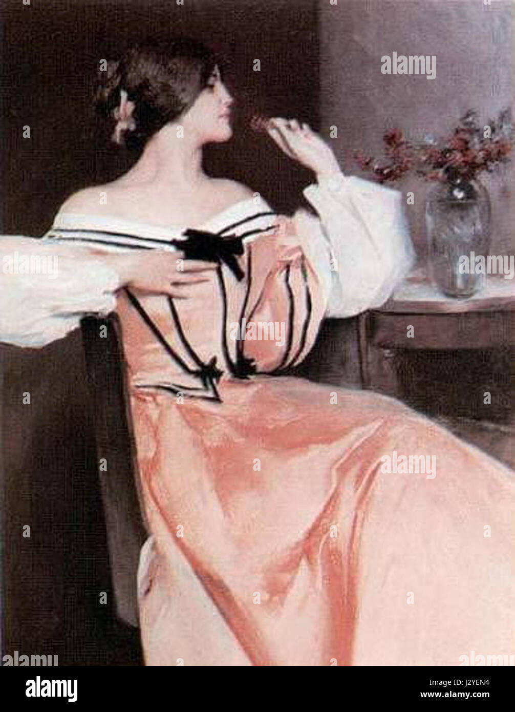 Das Gemälde „Alexander Lady in Pink Dress“ zeigt eine Frau in einem rosafarbenen Kleid in einem sanften, romantischen Stil. Dieses Kunstwerk verkörpert Themen wie Schönheit, Anmut und Mode und veranschaulicht die Eleganz der Kleidung und des Verhaltens des Motivs. Stockfoto