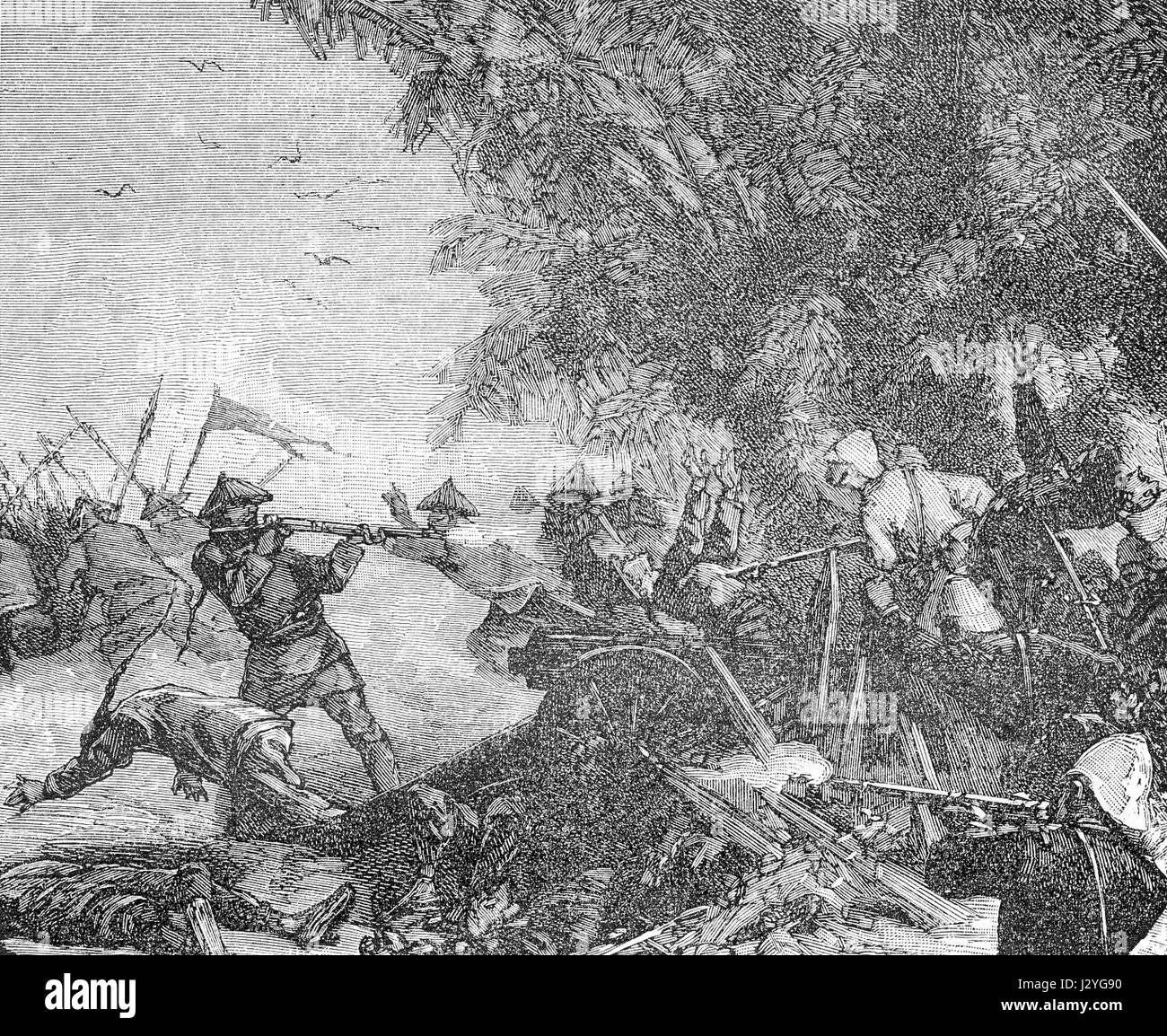 Die Schlacht von Nui Bop fand während des Vietnamkrieges statt, in dem vietnamesische Truppen gegen amerikanische Truppen kämpften. Die Schlacht, die für ihre intensiven Kampfhandlungen und ihre strategischen Ergebnisse bedeutsam ist, hat die Herausforderungen des Guerillakriegs in der Region deutlich gemacht. Stockfoto