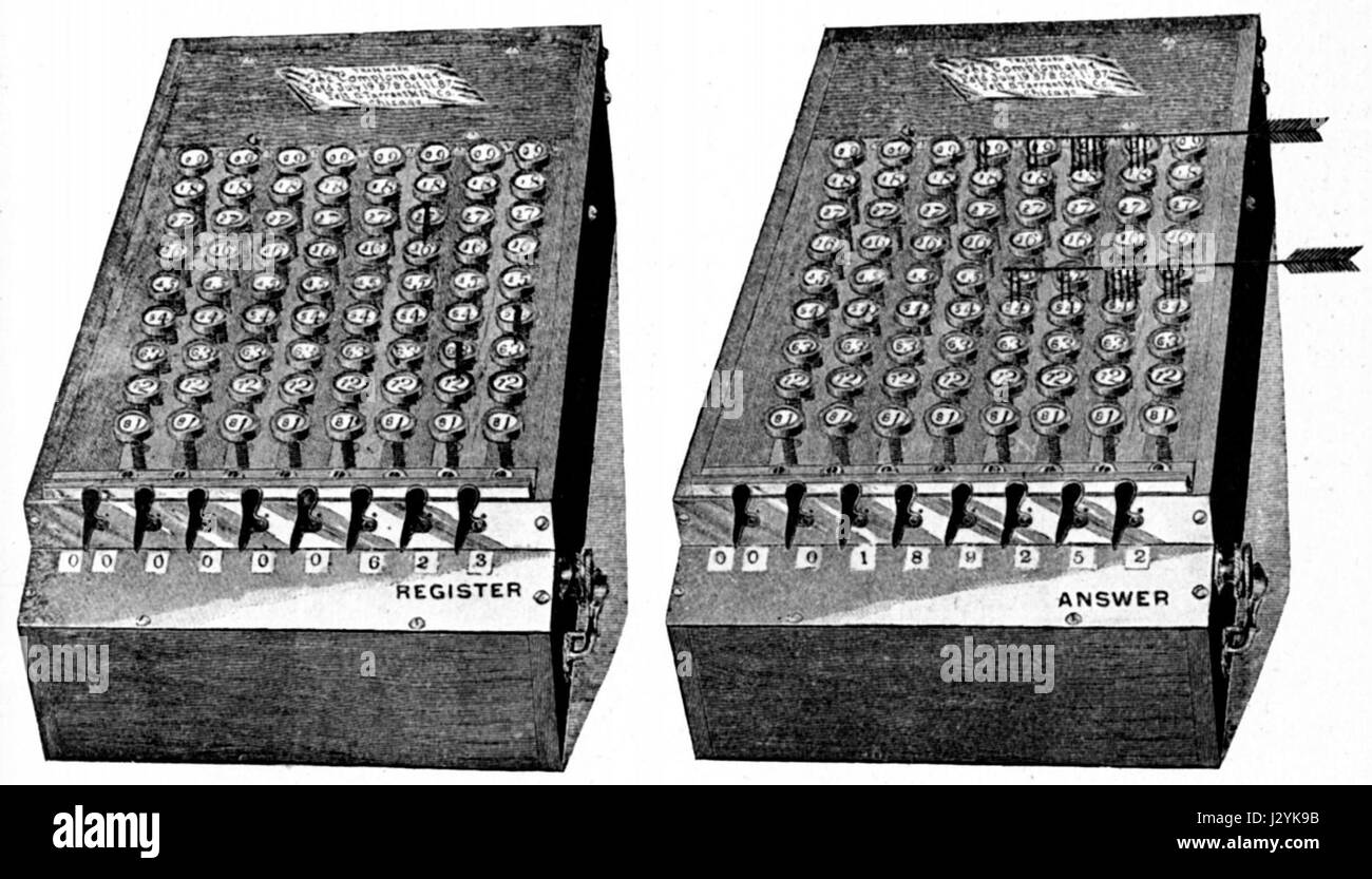Die A-Calculating Machine, Modell Q75, ist ein mechanisches Gerät, das im 19. Jahrhundert für mathematische Berechnungen entwickelt wurde. Es steht für frühe Computertechnik und Innovation in mathematischen Werkzeugen und bietet Einblicke in die Entwicklung mechanischer Rechengeräte während der industriellen Ära. Stockfoto
