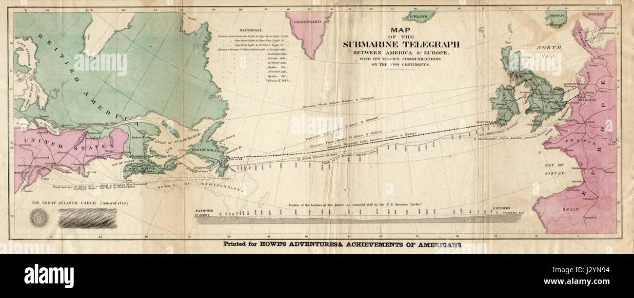 Diese Karte zeigt die Route des Atlantikkabels, eine bedeutende technische Leistung, die Europa und Nordamerika durch Telegrafenkommunikation verband. Sie war im 19. Jahrhundert maßgeblich an der globalen Kommunikation beteiligt. Stockfoto