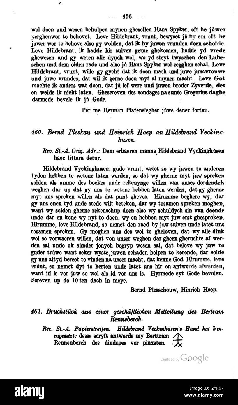 "Briefwechsel Hildebrand Veckinchusen" bezieht sich auf eine Sammlung von Briefen oder Korrespondenzen, die Hildebrand Veckinchusen, eine historische Figur, betreffen. Der Inhalt der Briefe zeigt Aspekte der sozialen, politischen oder persönlichen Interaktionen der Periode auf. Stockfoto