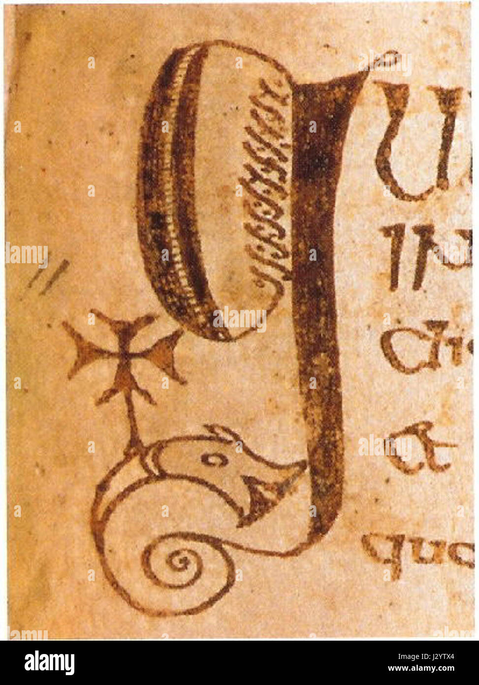 Die Cathach of St. Columba ist ein lateinischer Psalter aus dem 6. Jahrhundert, der als älteste erhaltene Manuskript Irlands gilt. Es enthält die Psalmen 30:10 bis 105:13 und ist mit Inselmajuskel-Schrift mit verzierten Initialen versehen. Das Cumdach der Manuskripte, ein Metallreliquiar, stammt aus dem späten 11. Jahrhundert. Stockfoto