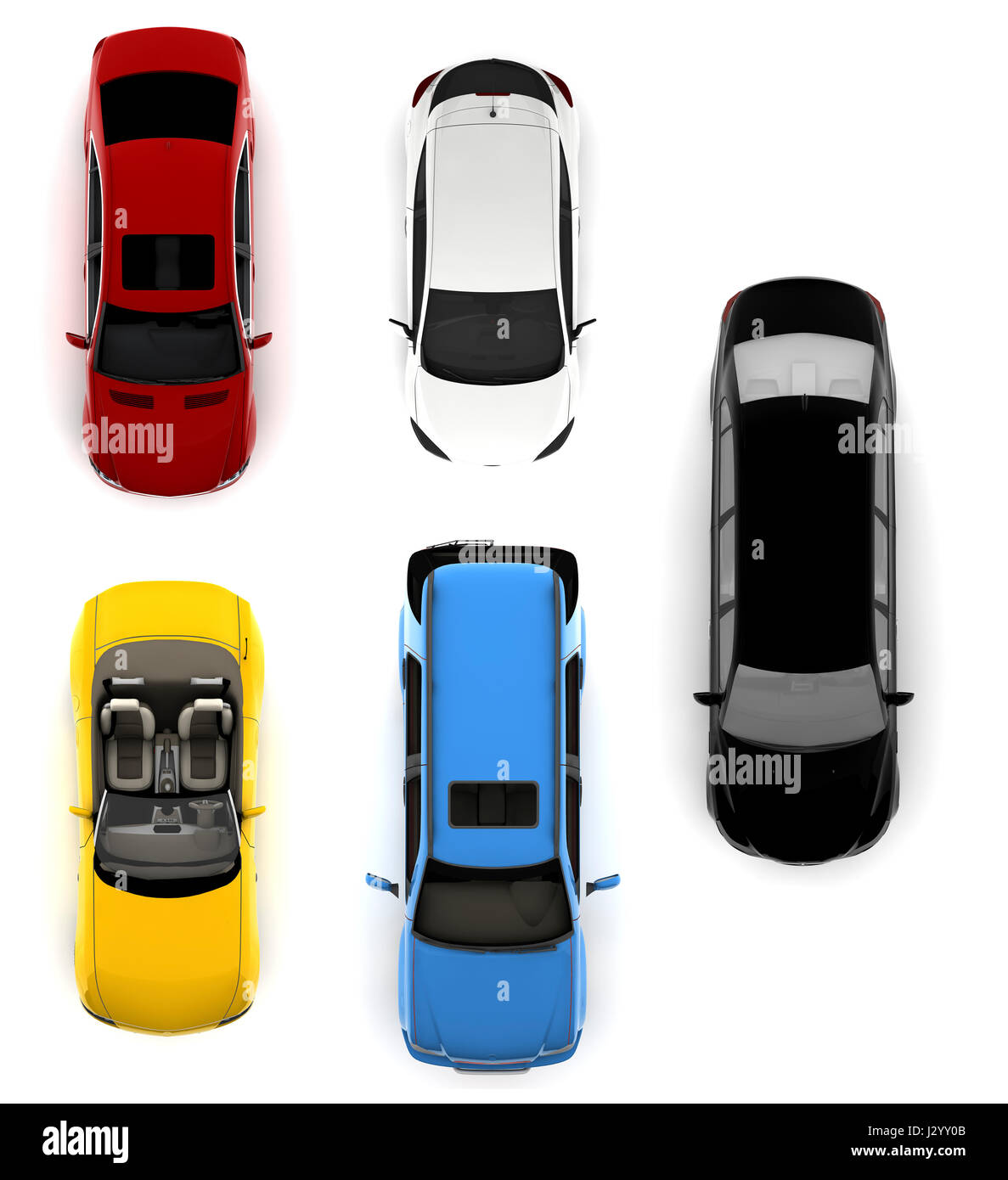 Sammlung von verschiedenen bunten Autos auf einem weißen Hintergrund isoliert Stockfoto