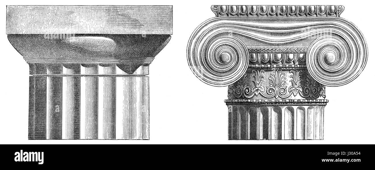 Antiken griechischen Hauptstädte, dorischen Ordnung und ionischen Ordnung Stockfoto