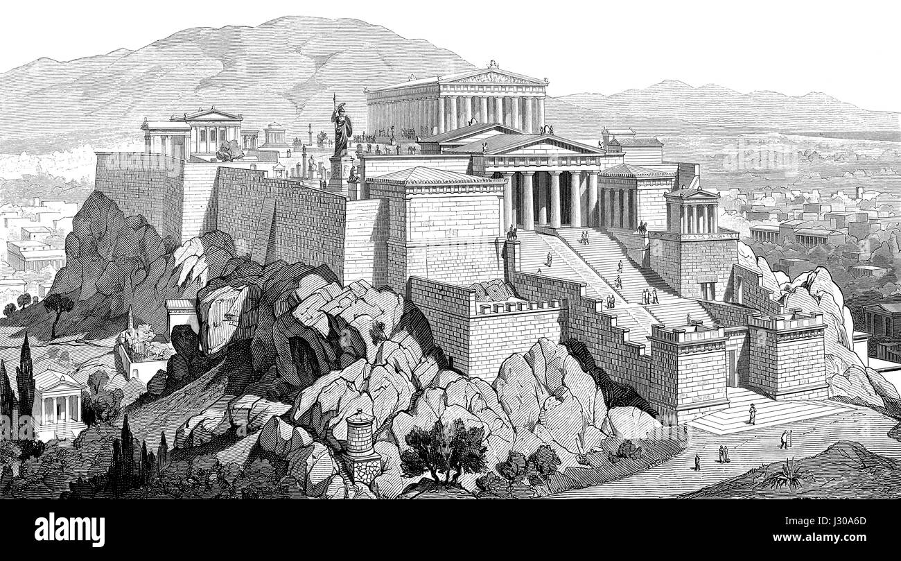 Rekonstruktion der Akropolis in Athen, Griechenland, 5. Jahrhundert v. Chr. Stockfoto