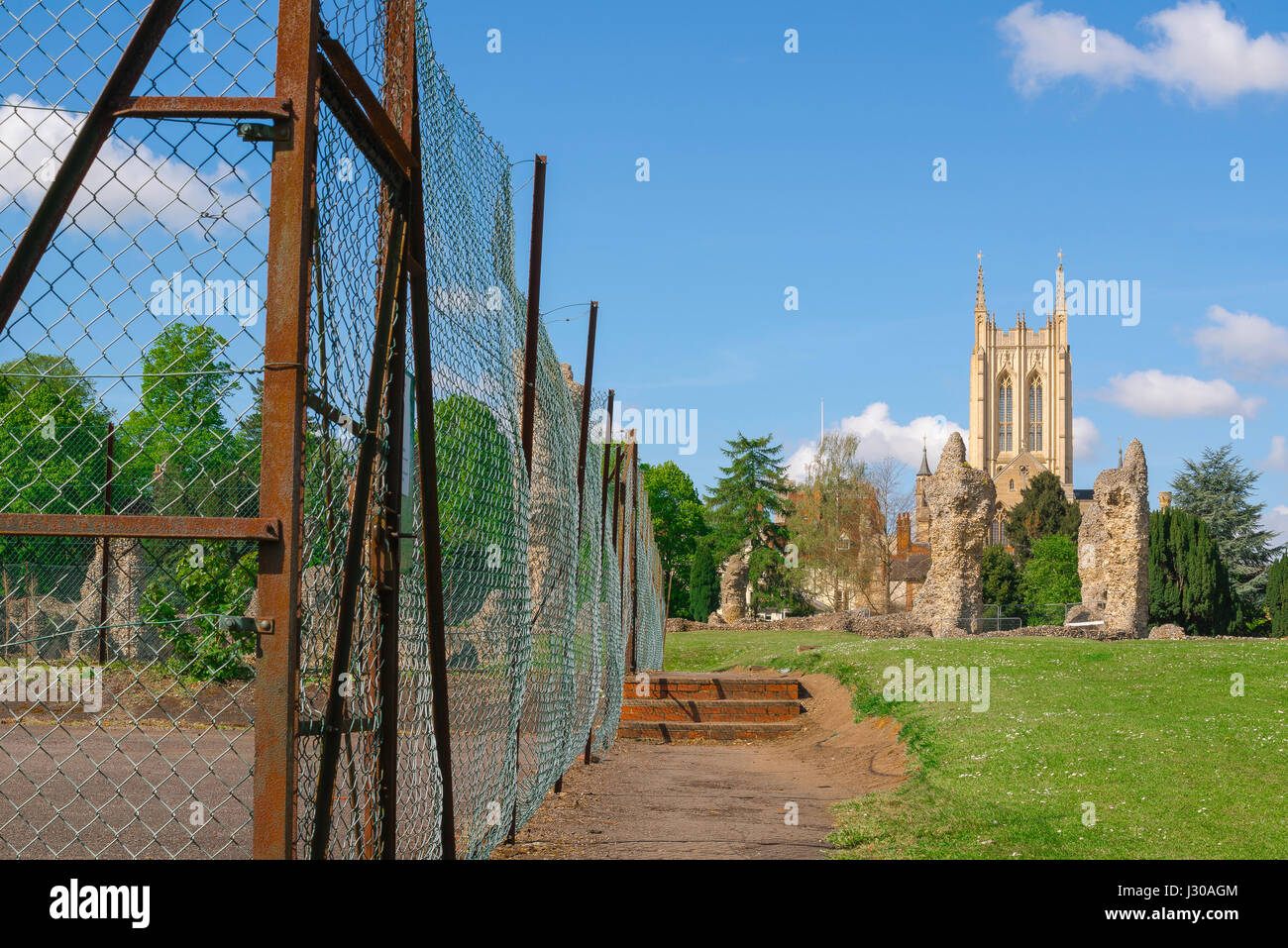 Tennisplatz Bury St Edmunds, Blick auf die St. Edmundsbury Kathedrale in der Suffolk Stadt Bury St Edmunds, mit dem alten Tennisplatz Zaun im Vordergrund. Stockfoto