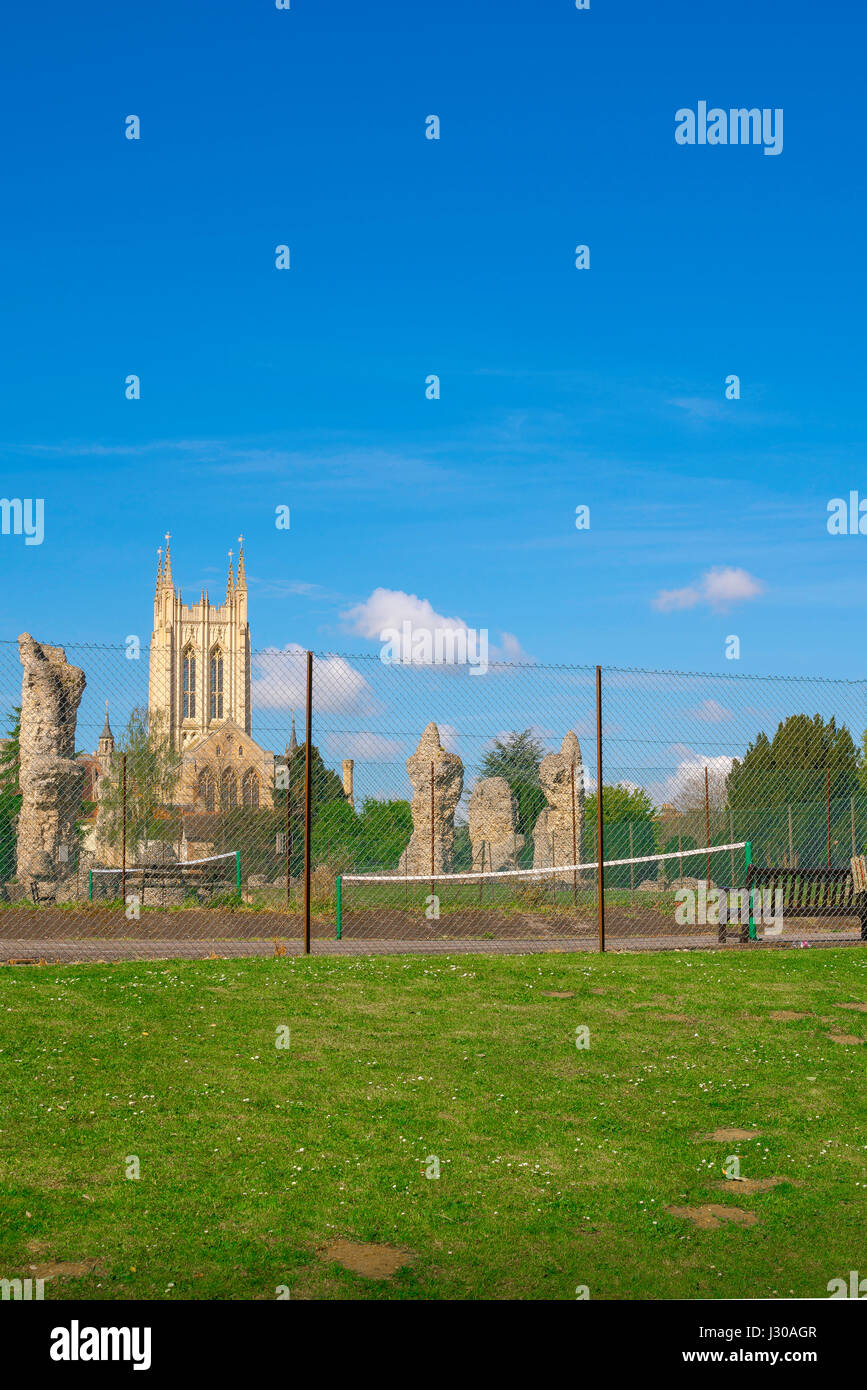 Bury St Edmunds Tennisplatz, Blick auf die St. Edmundsbury Cathedral, die Ruinen der Abtei und die Abtei Gärten Tennisplätze in Bury St. Edmunds, Suffolk, Großbritannien Stockfoto