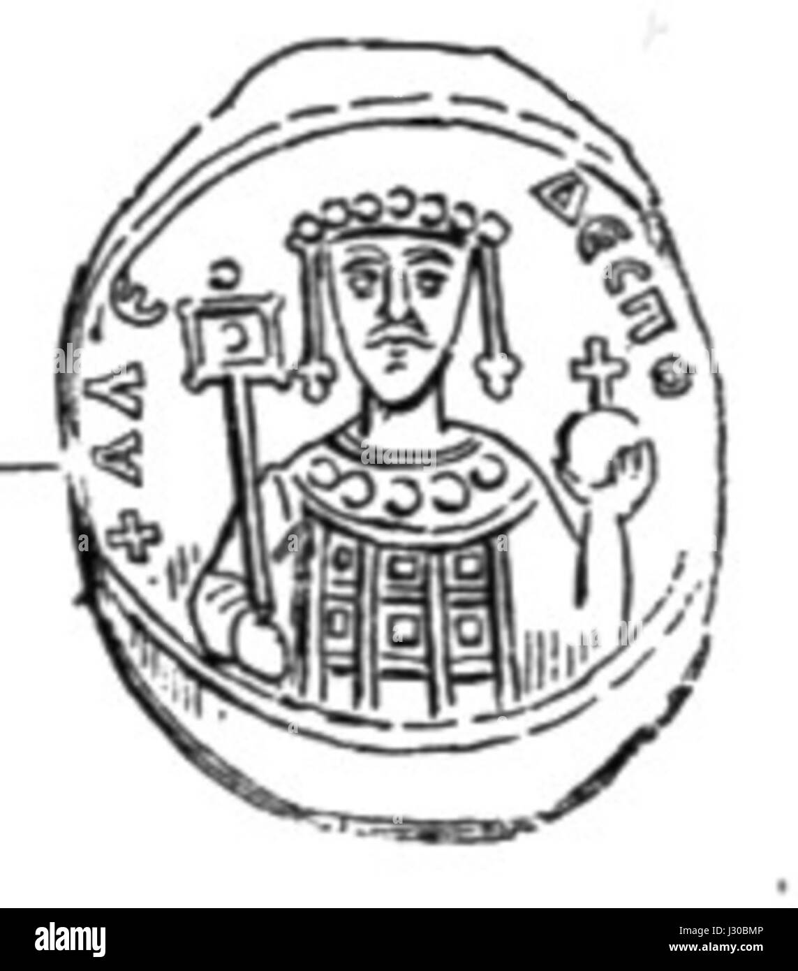 Alexios I. Komnenos war von 1081 bis 1118 byzantinischer Kaiser, der für seine Bemühungen, das Byzantinische Reich während des ersten Kreuzzugs zu stabilisieren, bekannt war. Er leitete militärische Kampagnen zur Verteidigung der Grenzen des Reiches, zur Verbesserung seiner Finanzen und zur Förderung diplomatischer Beziehungen mit Westeuropa. Stockfoto