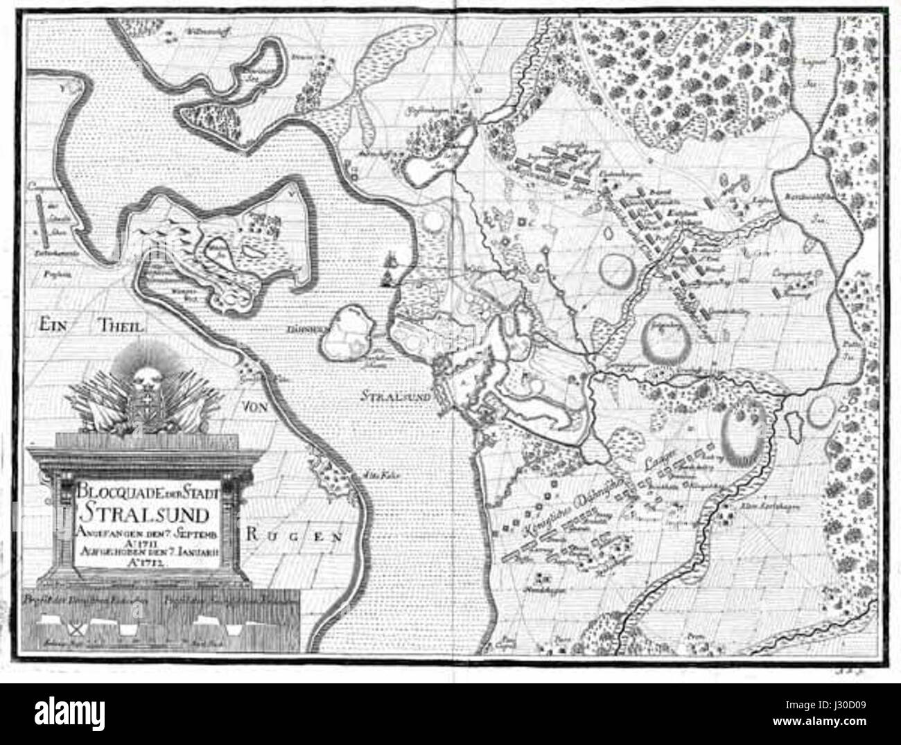 Eine historische Darstellung der Belagerung von Stralsund, die zwischen 1711 und 1712 während des Großen Nordkrieges stattfand. An dieser Belagerung beteiligten sich schwedische und russische Truppen im Ostseeraum. Stockfoto
