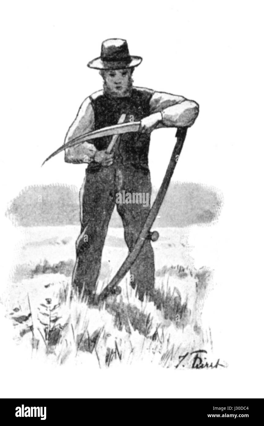 „Bei der Heuernte“ ist ein Bild, das eine ländliche Landwirtschaftsszene darstellt, wahrscheinlich in einem historischen Kontext. Der Schwerpunkt liegt auf der Heuernte, einer traditionellen landwirtschaftlichen Tätigkeit. Stockfoto