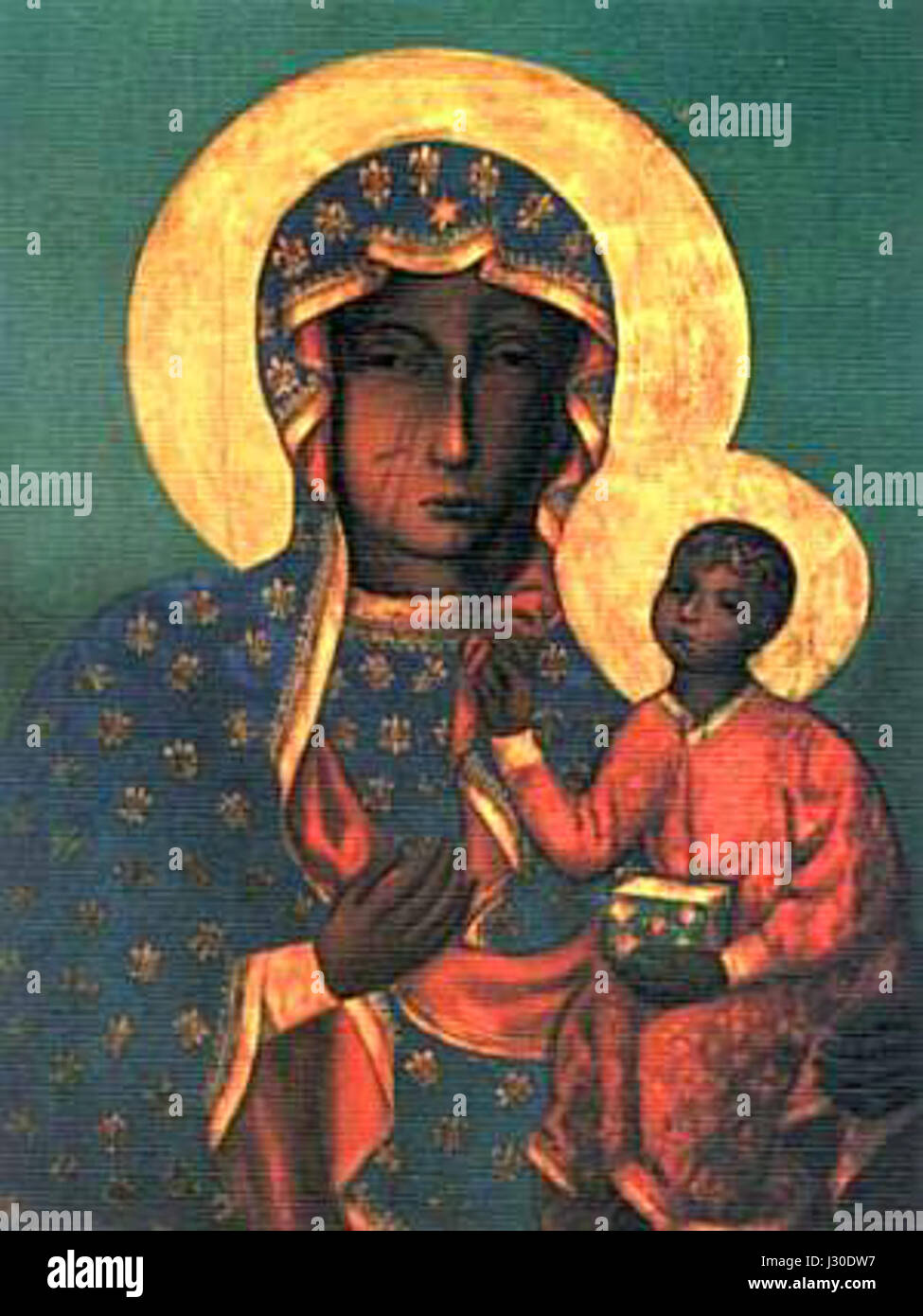 Die Schwarze Madonna bezieht sich auf eine Darstellung der Jungfrau Maria mit dunkler Haut, die in verschiedenen Kulturen gefunden wurde. Diese Bilder, die oft in katholischen und orthodoxen Traditionen verehrt werden, haben eine bedeutende religiöse und kulturelle Bedeutung. Stockfoto