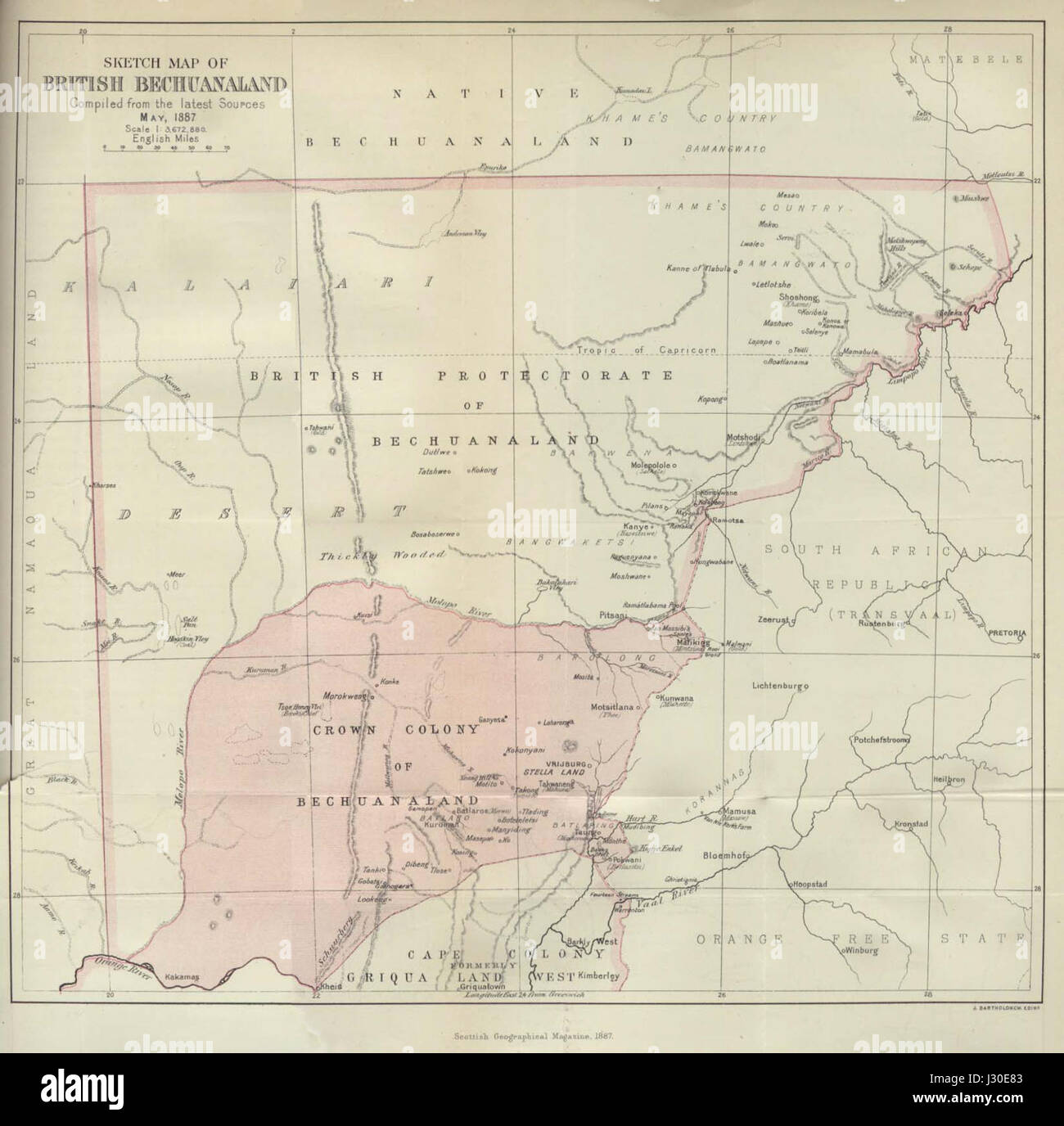 British Bechuanaland, gegründet 1885, war ein britisches Protektorat im südlichen Afrika. Dieser Titel bezieht sich auf den historischen Kontext der Region im Jahre 1887, während der britischen Kolonialherrschaft. Stockfoto