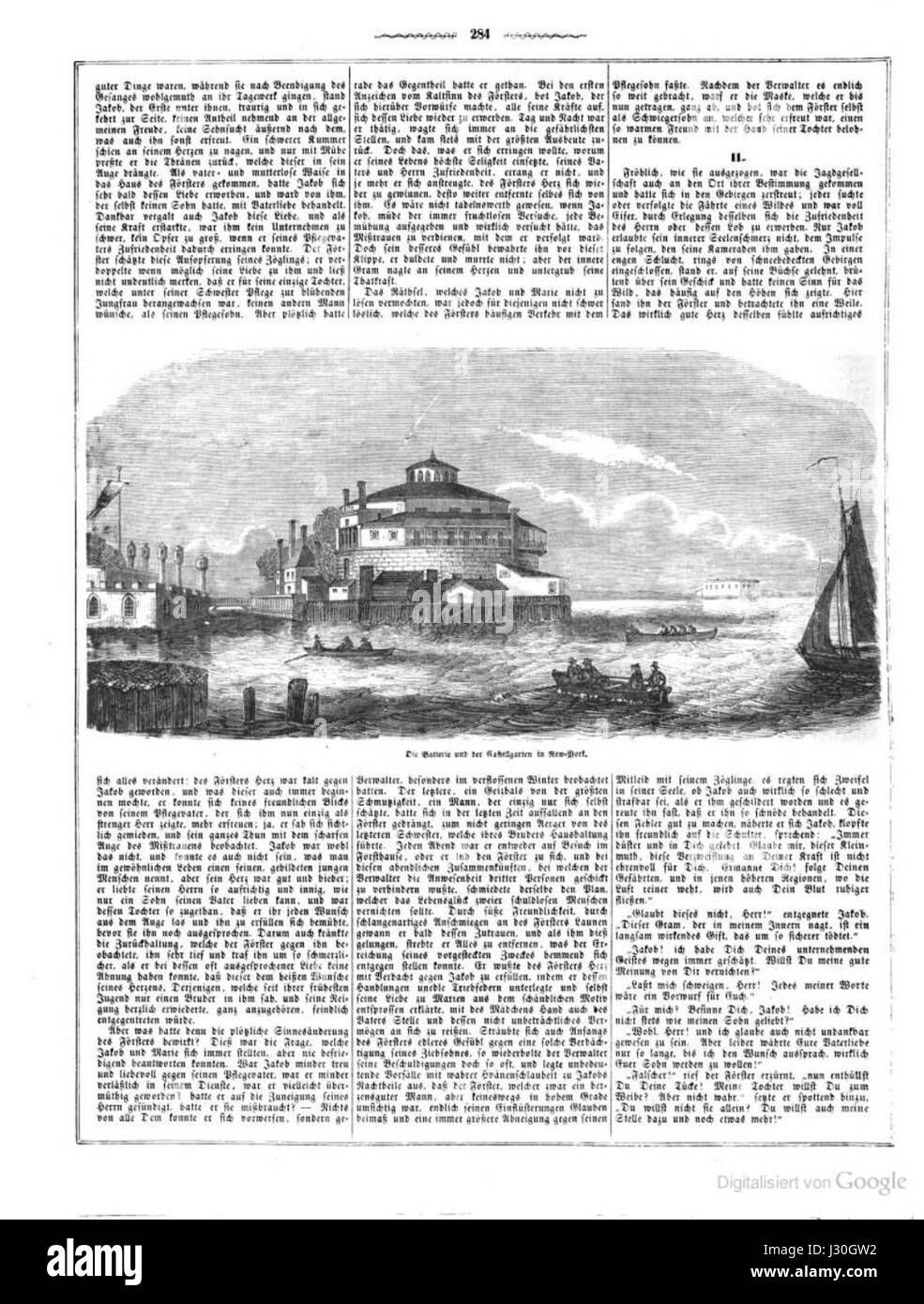 Eine Illustration oder historische Referenz zum Battery Park and Castle Garden in New York um 1850, wichtigen Sehenswürdigkeiten in der Ufergeschichte und Einwanderungsgeschichte der Stadt. Stockfoto