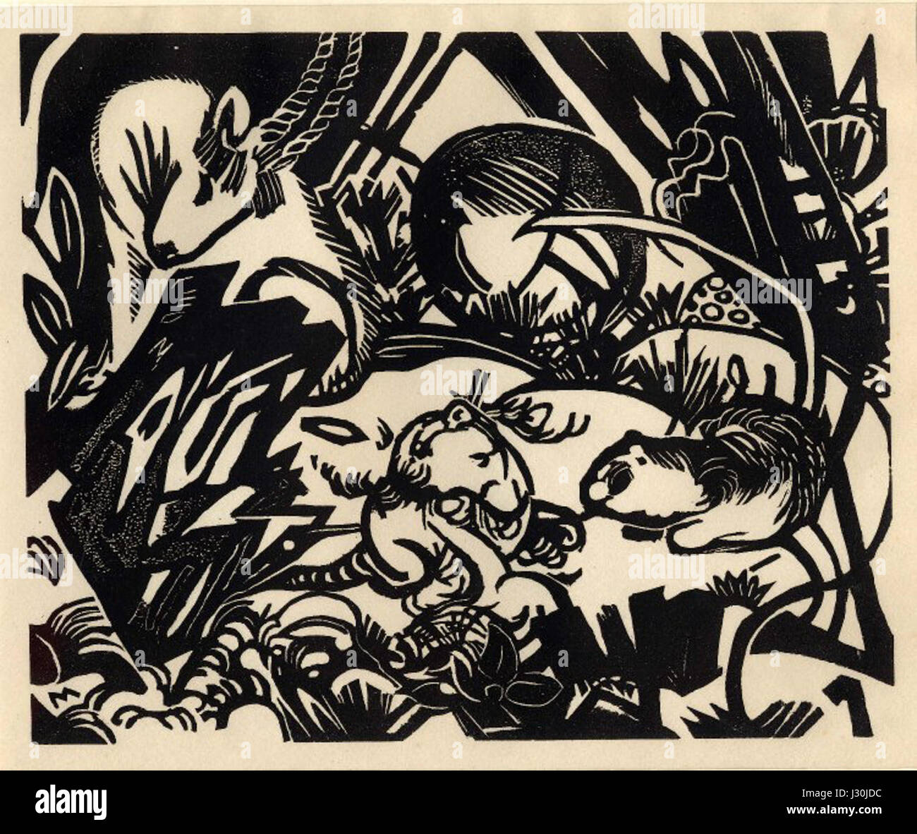 „Aus der Tierlegende“ ist ein Werk des deutschen Künstlers Franz Marc aus dem Jahr 1912. Marc ist bekannt für seinen expressionistischen Stil und verwendet lebendige Farben und abstrakte Formen, um die spirituelle Bedeutung von Tieren zu vermitteln. Dieses Stück spiegelt Marcs tiefe Verbundenheit mit der Natur und seine Erforschung des tierischen Symbolismus in der Kunst wider. Stockfoto