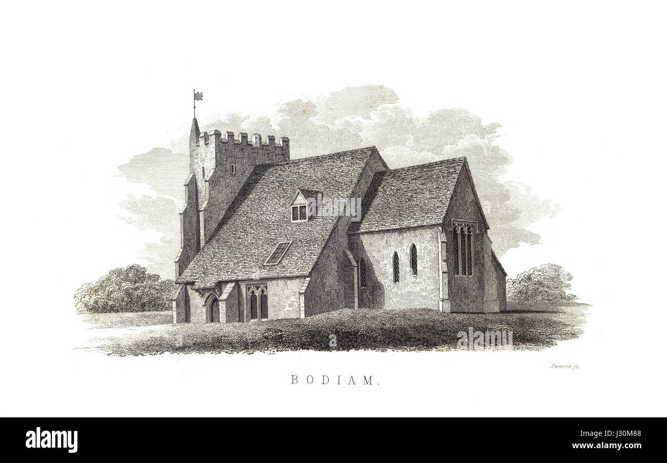 Die Bodiam Church befindet sich in East Sussex, England. Es ist bekannt für seine historische Bedeutung und seinen architektonischen Stil, der mittelalterliche Kirchenarchitektur widerspiegelt. Die Kirche ist ein interessanter Ort sowohl für die Geschichte als auch für die Religionswissenschaft. Stockfoto