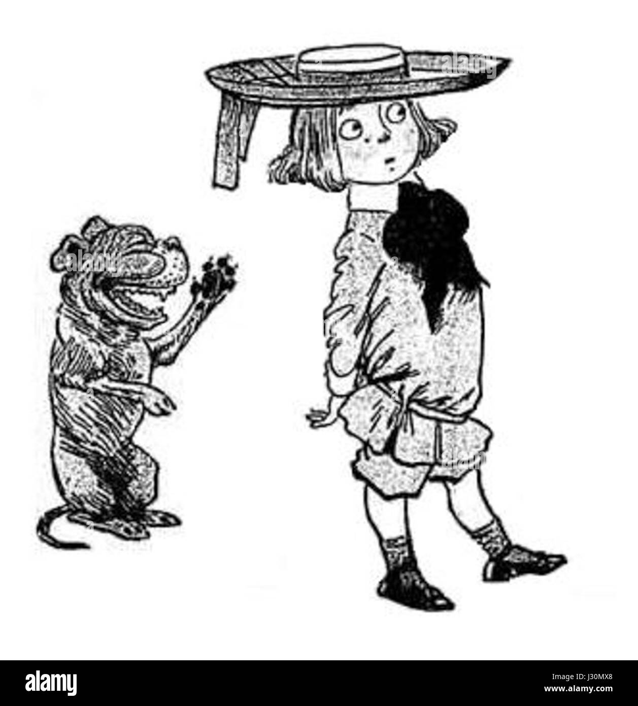 Buster Brown ist eine beliebte Figur aus amerikanischen Comics des frühen 20. Jahrhunderts. Die von Richard F. Outcault geschaffene Serie folgt den Abenteuern des schelmischen Busters und seines Hundes Tige. Der Comic wurde zu einer kulturellen Ikone und Tige, ein Bulldog, war bekannt für seine loyalen und oft komödiantischen Mätzchen neben Buster. Stockfoto