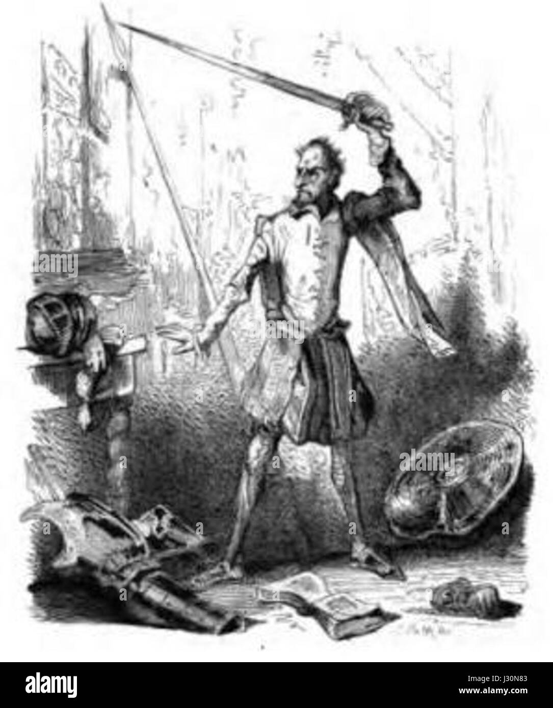 Cavaliere Chishotte Con Spada bezieht sich auf eine Darstellung einer Ritterfigur, die möglicherweise von Don Quijotes Bildsprache beeinflusst ist und historische oder literarische Themen im Zusammenhang mit Ritterlichkeit zeigt. Stockfoto