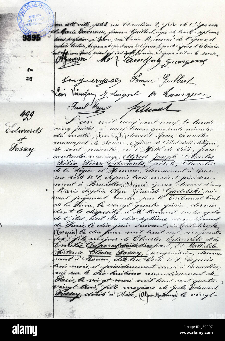 Dies bezieht sich auf die erste Seite einer Heiratsurkunde (Acte de Mariage) zwischen Lantelme und Edwards, ein historisches Dokument einer zivilen oder religiösen Zeremonie. Stockfoto