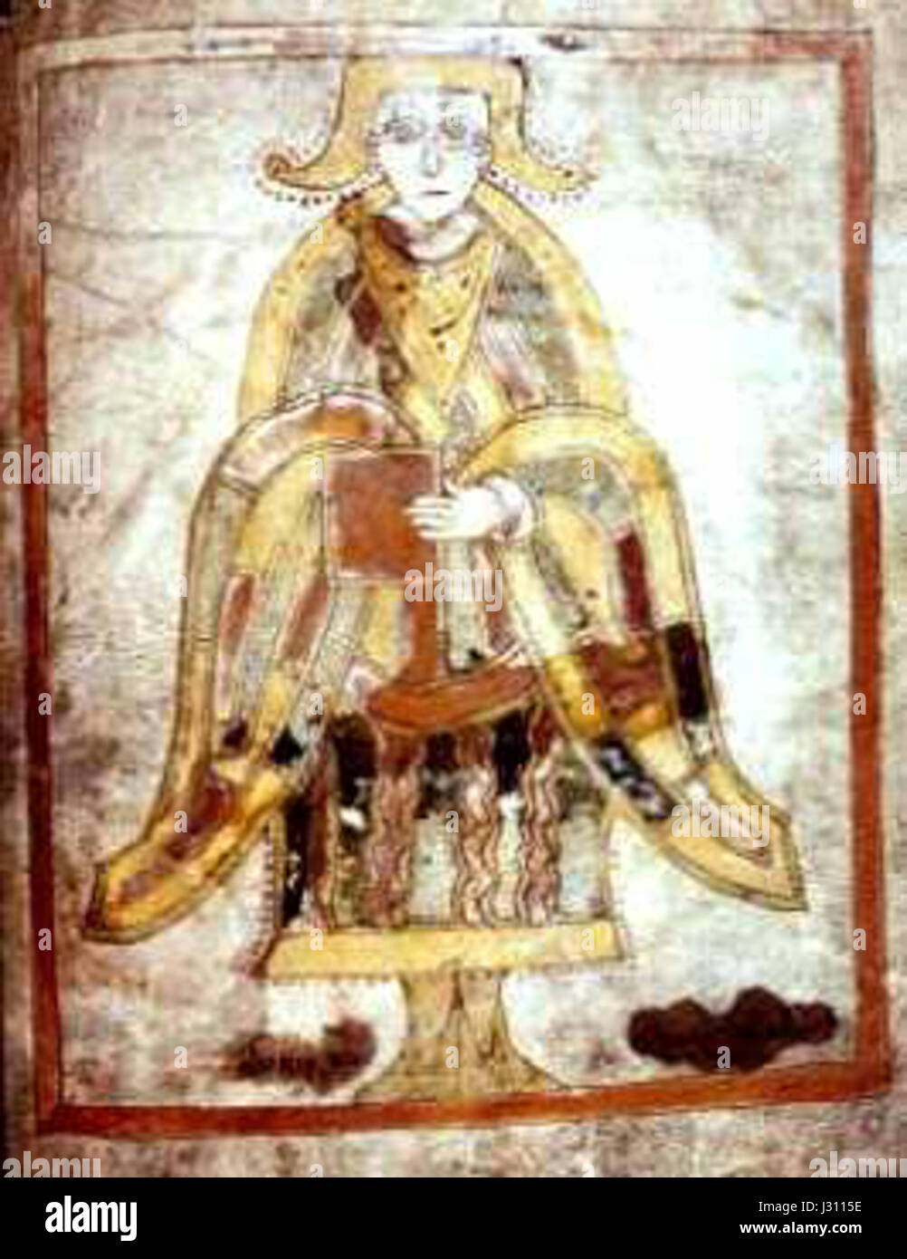 Das Buch Dimma, ein Manuskript mit religiösen oder symbolischen Texten, das Matthäus-Evangelium zeigt und christliche Ikonographie in früherer Manuskriptform illustriert. Stockfoto