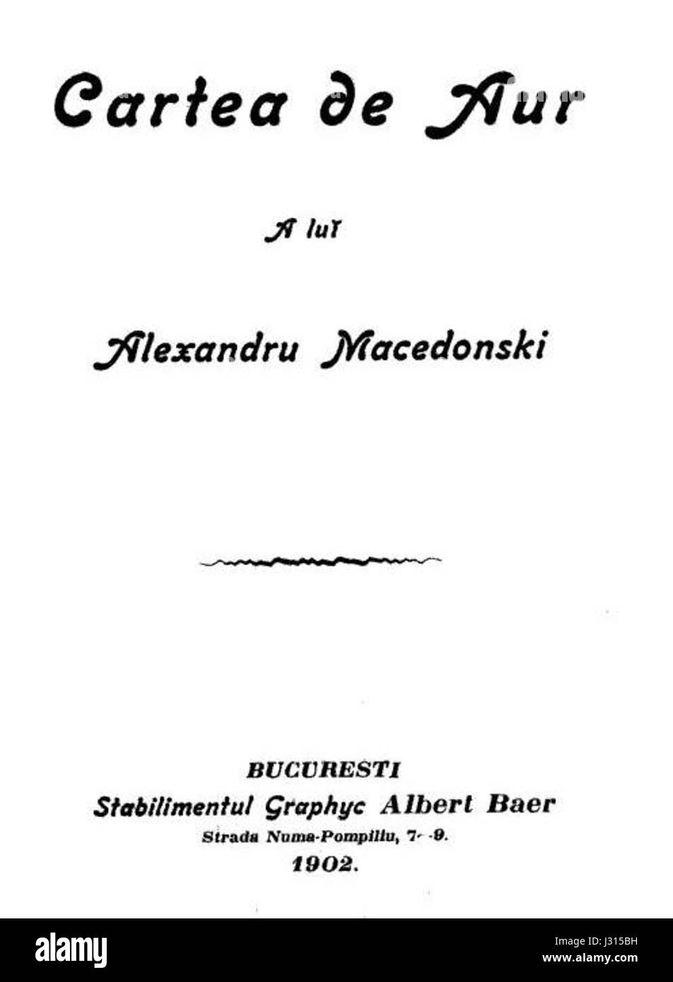 Alexandru Macedonski war ein rumänischer Dichter und Schriftsteller, und sein Werk Cartea de aur (das Buch des Goldes) hat einen bedeutenden literarischen Wert in der rumänischen Kultur. Die erste Seite dieses Buches ist hier hervorgehoben. Stockfoto