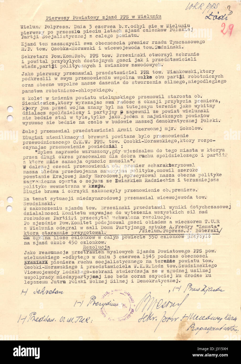 Die erste Kreiskonferenz der Polnischen Sozialistischen Partei (PPS) in WieluÅ„ war ein wichtiges Ereignis in den politischen Bewegungen des frühen 20. Jahrhunderts in Polen. Sie stellt einen bedeutenden Meilenstein in der sozialistischen Geschichte des Landes dar. Stockfoto