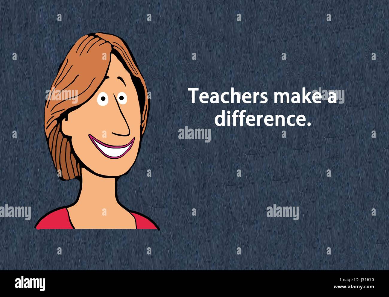 Comic-Illustration einer lächelnden Frau und die Worte "Lehrer make a Difference". Stockfoto