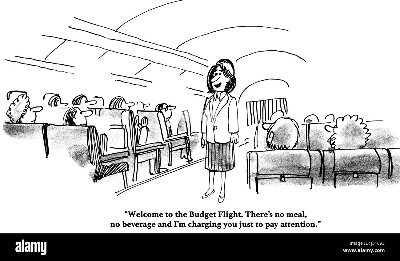 Geschäftliche Cartoon über die Airline-Industrie, die Erhebung von Gebühren für alles, einschließlich der Sicherheitshinweise anhören. Stockfoto