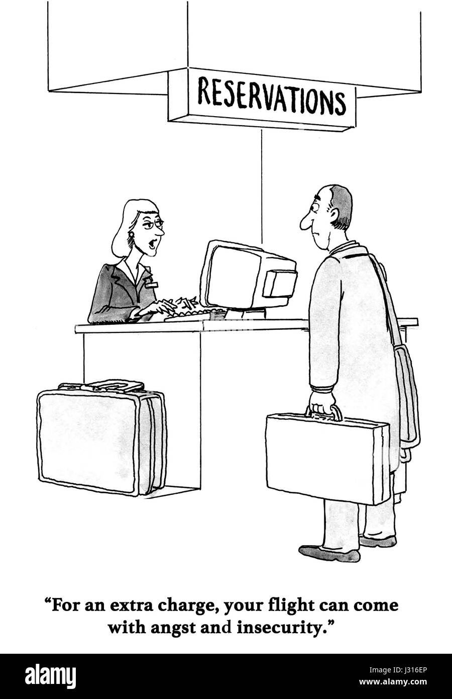 Fluglinie Industrie Karikatur über einen Aufpreis für angst und Unsicherheit. Stockfoto