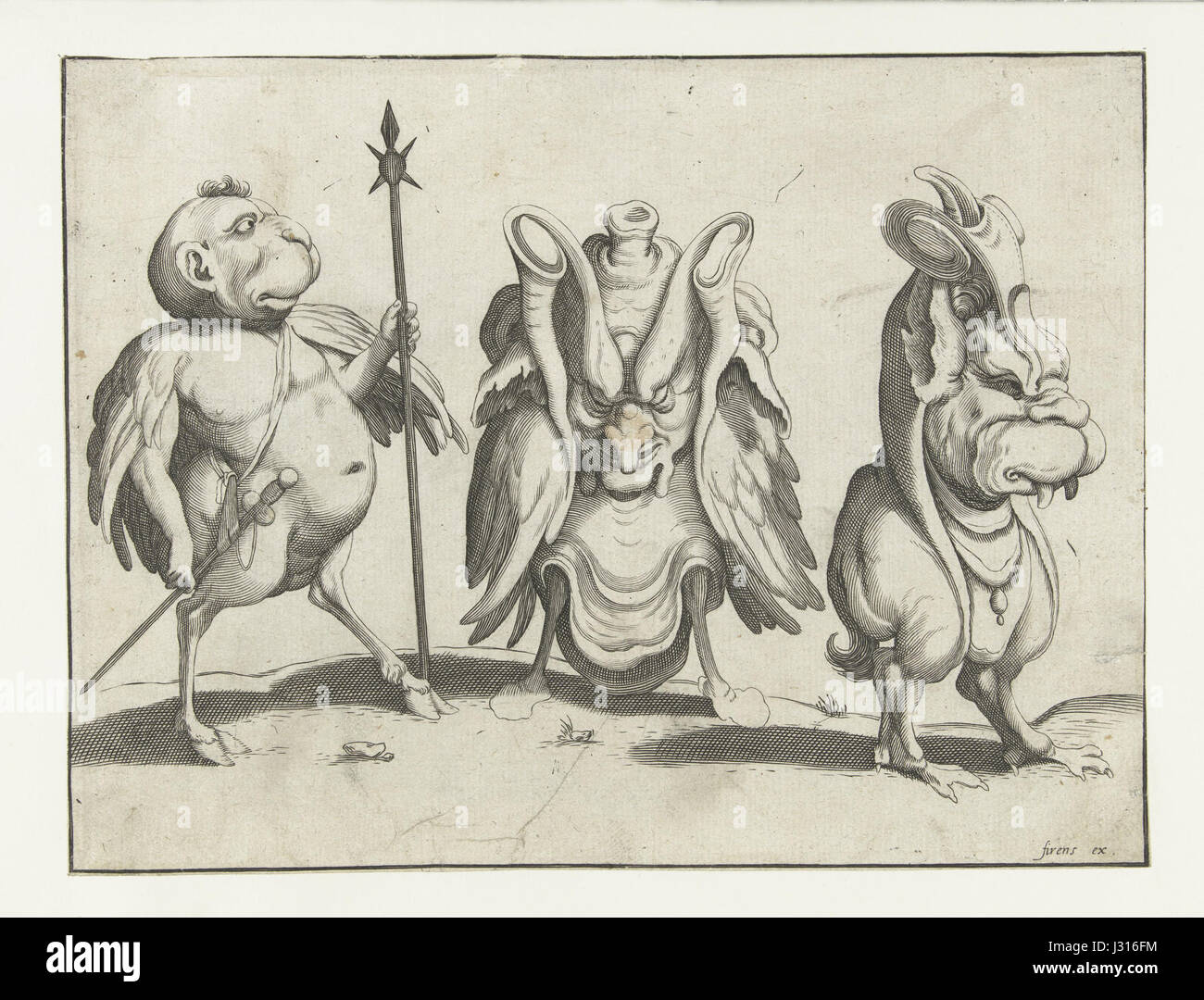 Arent van Bolten war ein niederländischer Künstler, der für seine grotesken Illustrationen bekannt war, die oft bizarr oder fantastisch waren. Sein Werk spiegelt das barocke Interesse an dem Ungewöhnlichen und Makabren wider und erfasst die Feinheiten des menschlichen Ausdrucks durch übertriebene Merkmale und unkonventionelle Formen. Stockfoto