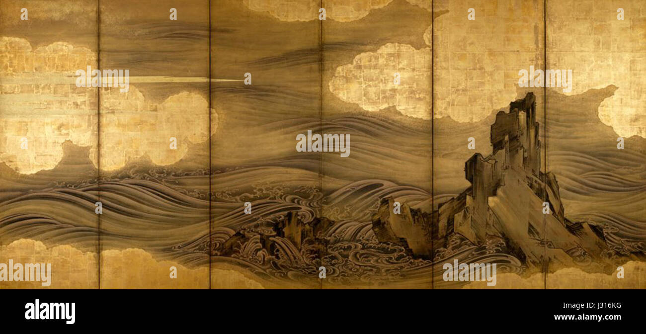 Dieses Kunstwerk, das Hasegawa Togaku zugeschrieben wird, zeigt den traditionellen japanischen Stil der Darstellung der Natur, insbesondere Wellen und Felsen. Es spiegelt die Meisterschaft des Künstlers wider, dynamische natürliche Formen mit feinen Pinselarbeiten und traditionellen japanischen Kunsttechniken zu vermitteln. Stockfoto