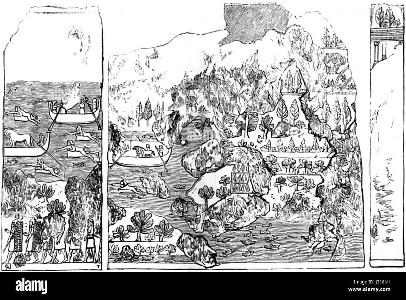 Assyrische Basreliefs sind komplizierte Steinschnitzereien aus dem antiken Assyrien, die historische Ereignisse, Schlachten und königliche Errungenschaften darstellen. Diese Artefakte sind entscheidend für das Verständnis der Kunst und Kultur des assyrischen Reiches. Stockfoto