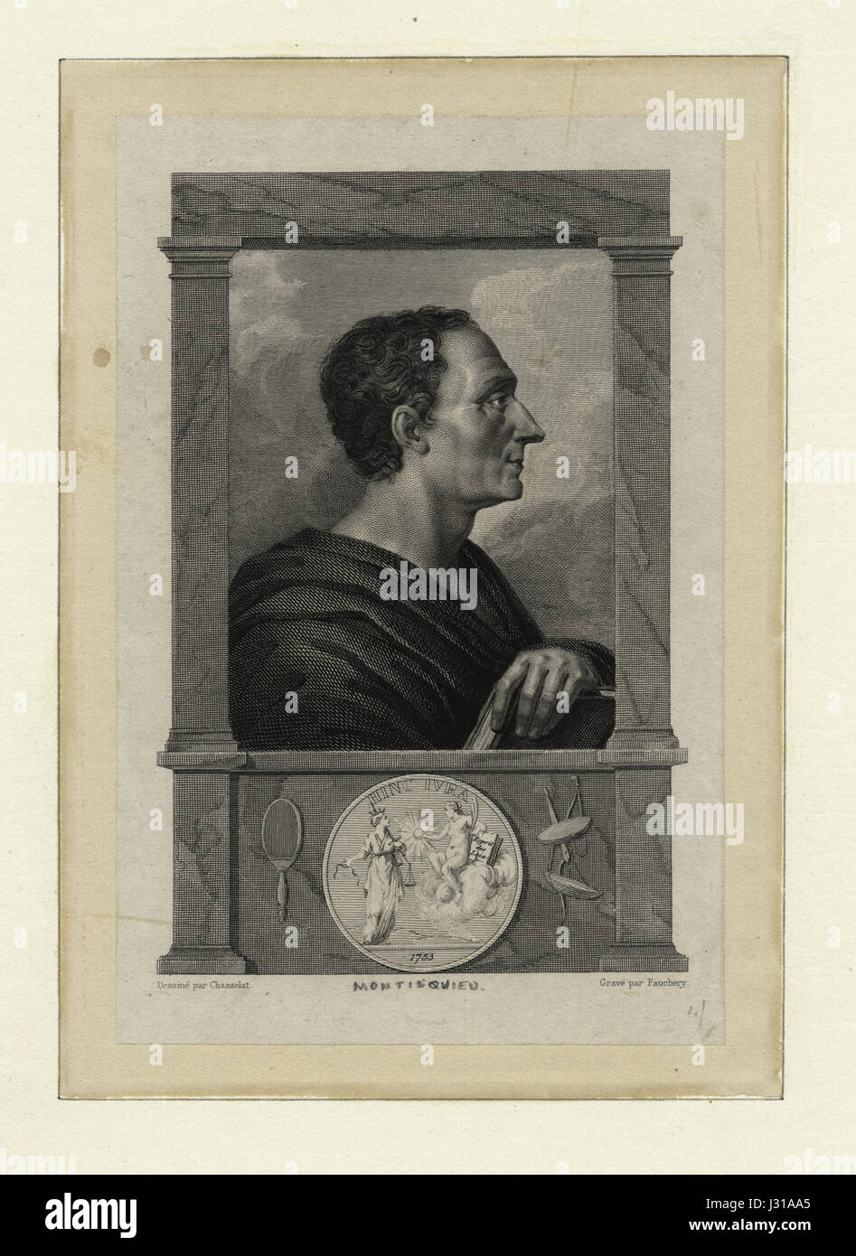 Dieses Bild zeigt Charles de Secondat, Baron de Montesquieu, einen französischen Philosophen und politischen Denker. Montesquieu ist bekannt für seine Arbeiten über die Gewaltenteilung und den Einfluss des Klimas auf die Kultur. Seine Ideen beeinflussten das moderne politische Denken erheblich. Stockfoto