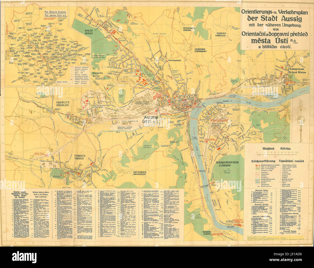Das Foto mit dem Titel „Aussig 1936“ zeigt einen historischen Blick auf Aussig, eine Stadt in der Tschechoslowakei. Das Bild aus dem Jahr 1936 spiegelt die Architektur, Kultur und das soziale Umfeld der Stadt wider. Stockfoto