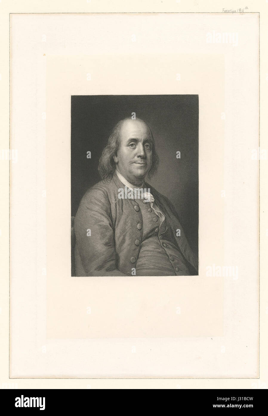 Dieses Bild repräsentiert Benjamin Franklin, einen der Gründungsväter der Vereinigten Staaten, eine Schlüsselfigur in der amerikanischen Geschichte und Politik. Er trug zum Entwurf der US-Verfassung bei und war maßgeblich an der Amerikanischen Revolution beteiligt. Stockfoto
