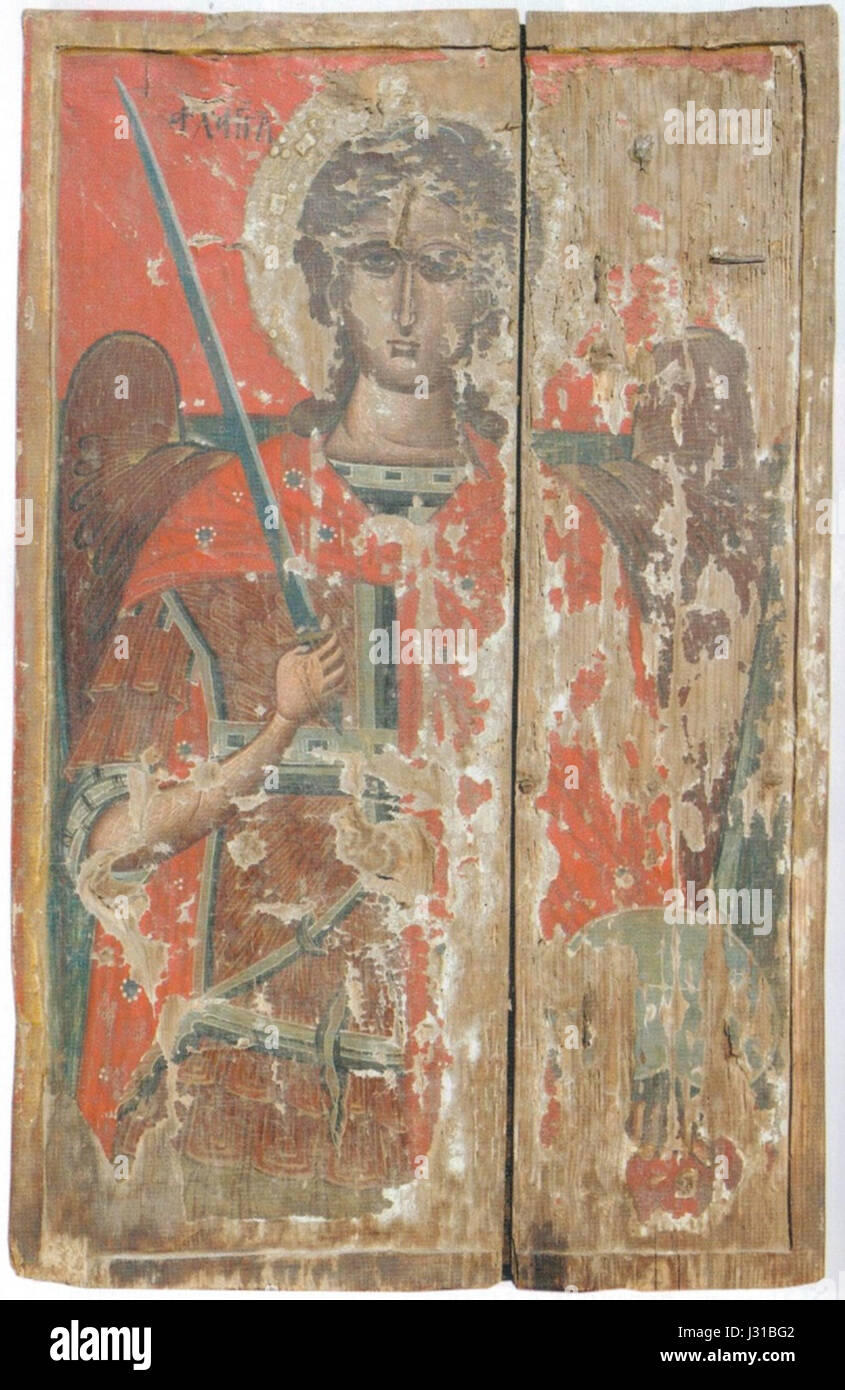 Erzengel-Michael-Symbol in Saint Demetrius-Kirche in Bukovo zweiten Viertel des 17. Jahrhunderts Stockfoto