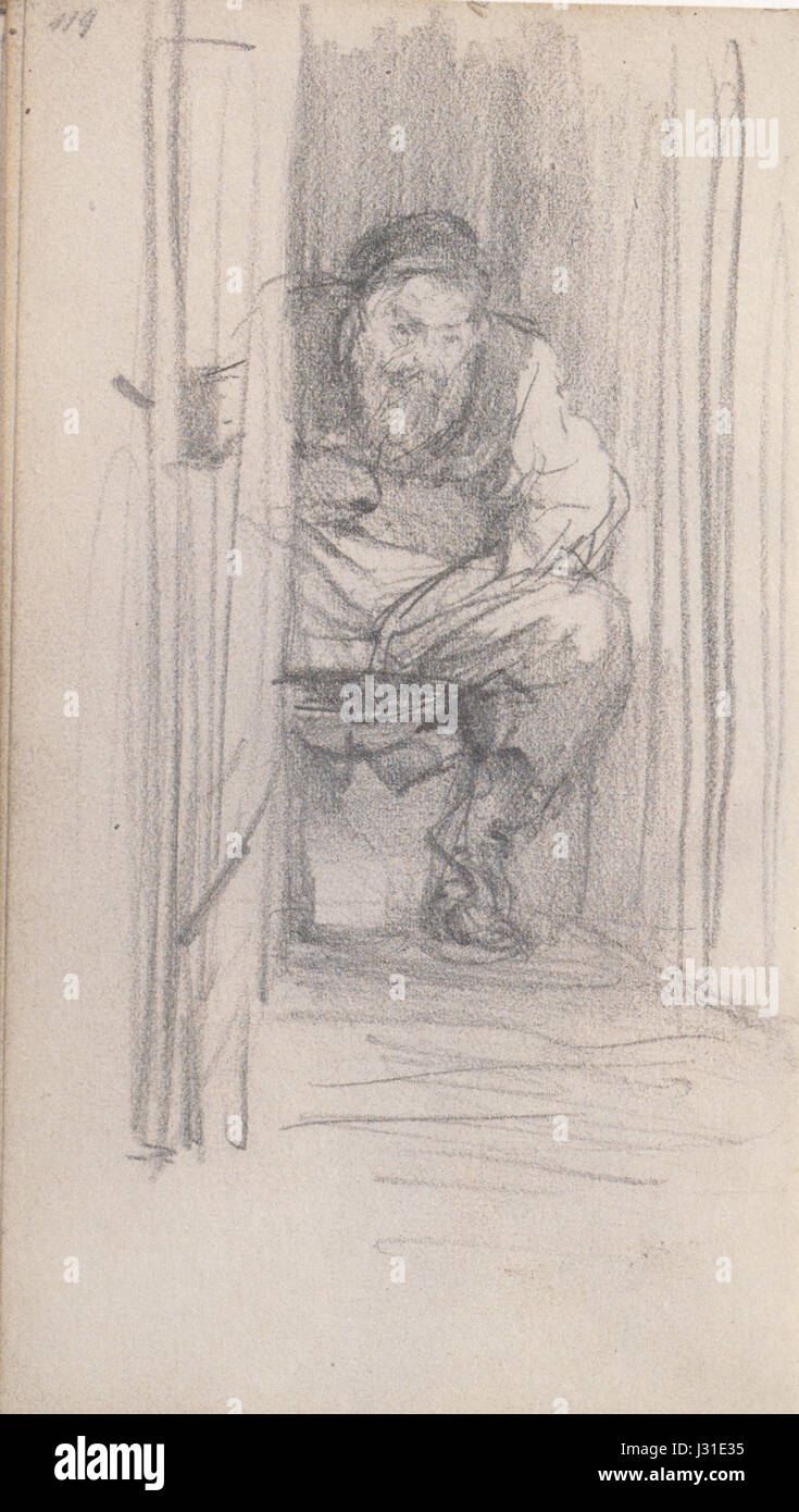 Dies bezieht sich auf ein Gemälde des deutschen Künstlers Adolph Menzel, das einen Mann darstellt, der in einer ländlichen oder natürlichen Umgebung sitzt. Das Stück ist Teil der Auseinandersetzung mit dem Alltag und dem deutschen Realismus Menzelâ. Stockfoto