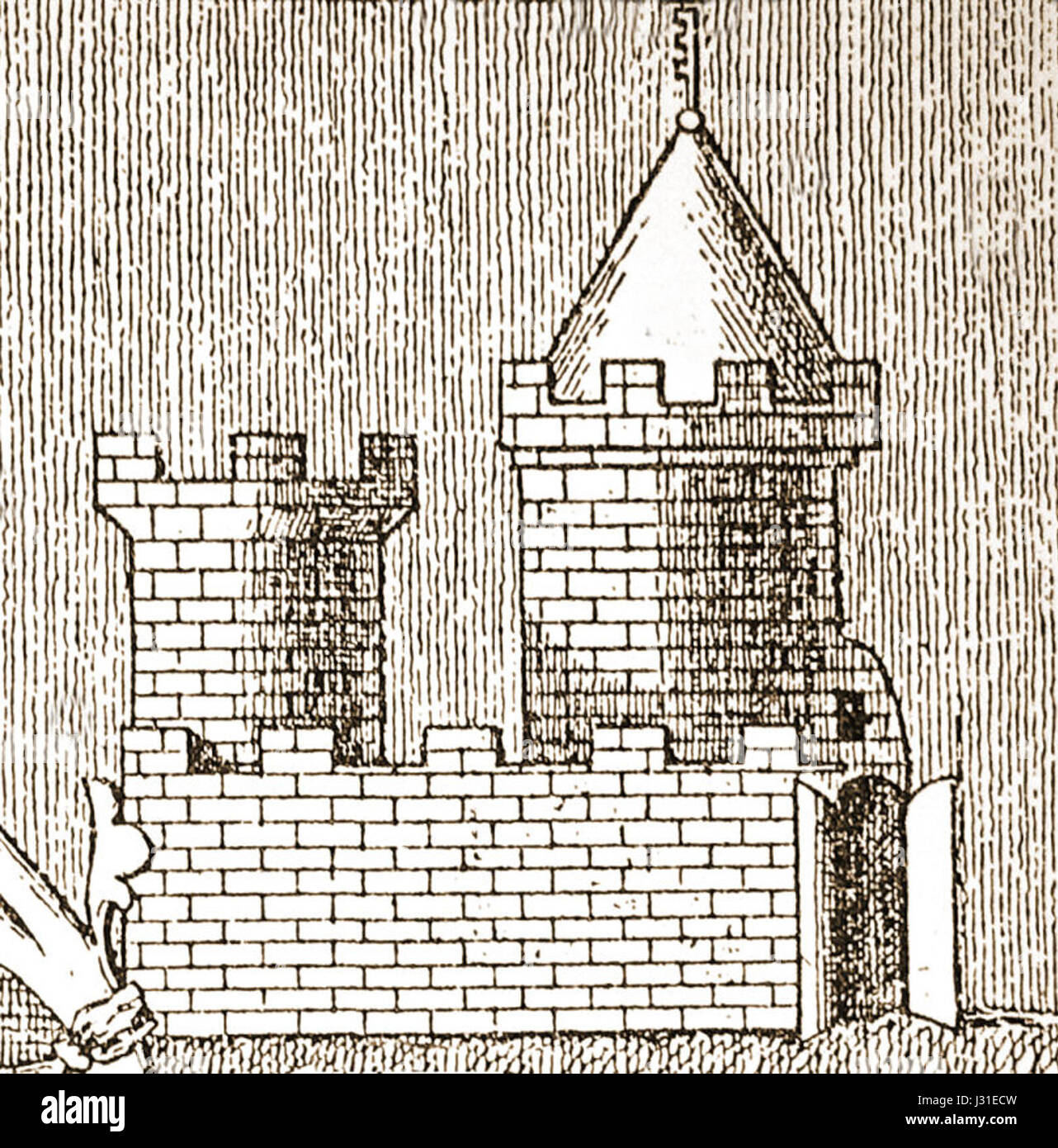 Dieser Titel bezieht sich auf einen historischen Ausschnitt aus der Burg Wiedelah, einer Burg aus dem Jahr 1363. Der Ort ist in der deutschen Geschichte wichtig und bietet einen Einblick in mittelalterliche Architektur und feudale Gesellschaft. Stockfoto