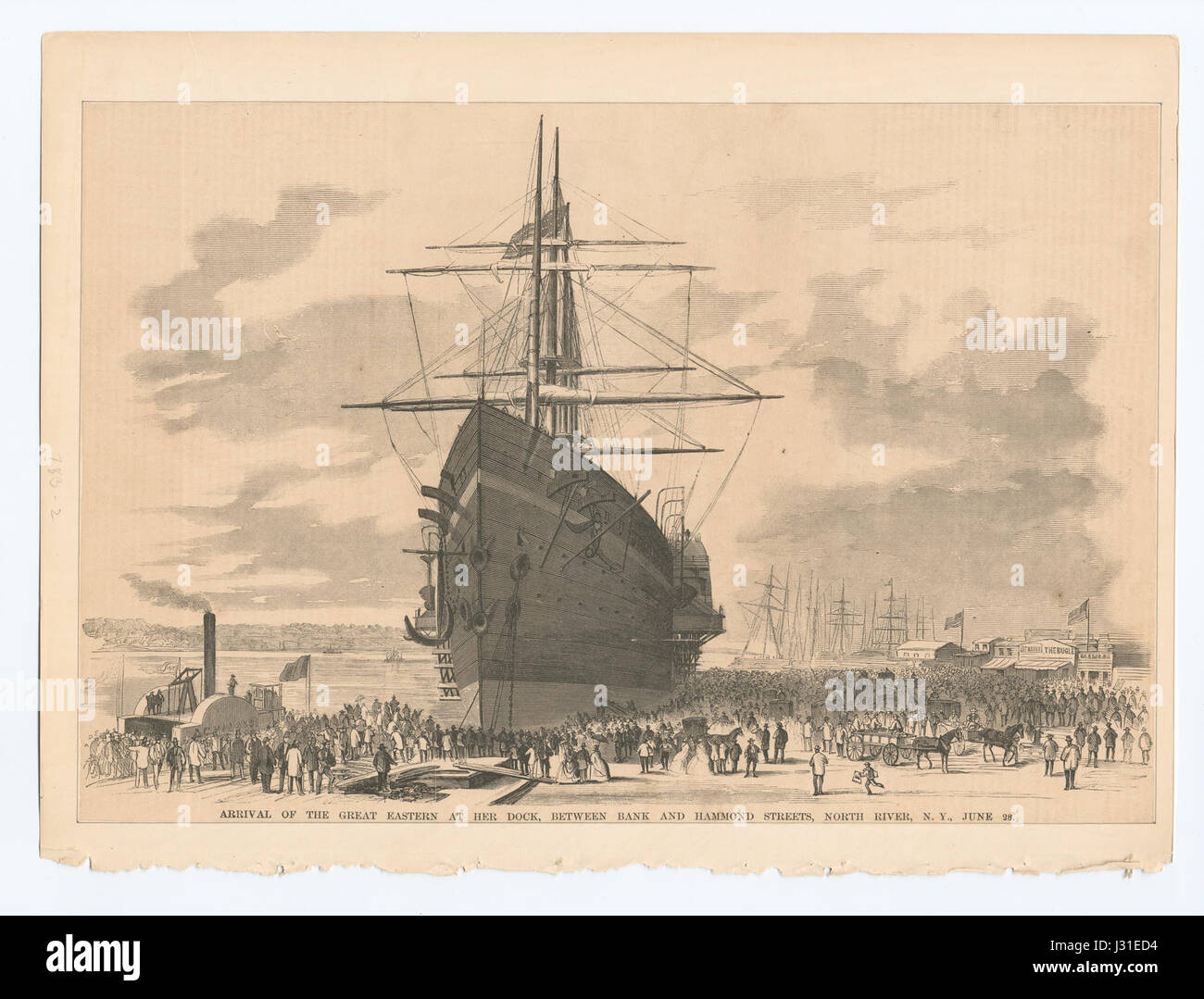Dieses Bild zeigt die Ankunft der *Great Eastern*, eines berühmten Dampfschiffs aus dem 19. Jahrhundert, an ihrem Dock in New York am 28. Juni. Die Ankunft der steamshipâ war ein bedeutendes Ereignis in der maritimen Geschichte und markierte einen Meilenstein im Schiffbau und im Transport. Stockfoto