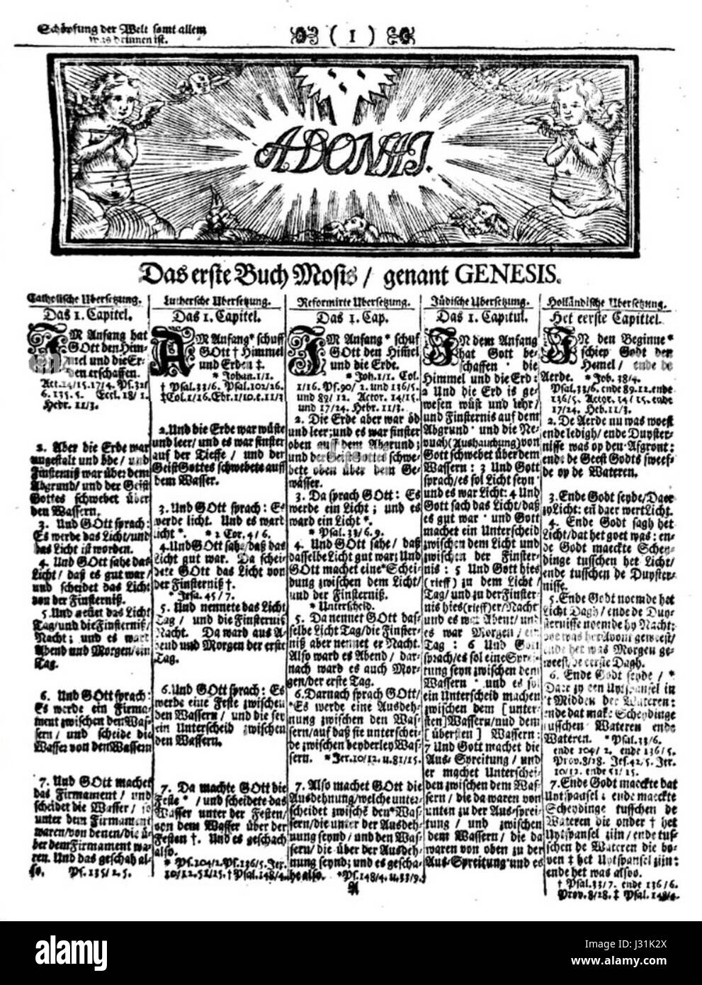 Die Biblia Pentapla (1711) ist ein wichtiger historischer Text, der fünf parallele Versionen des Buches Genesis enthält, um antike biblische Manuskripte zu vergleichen. Stockfoto