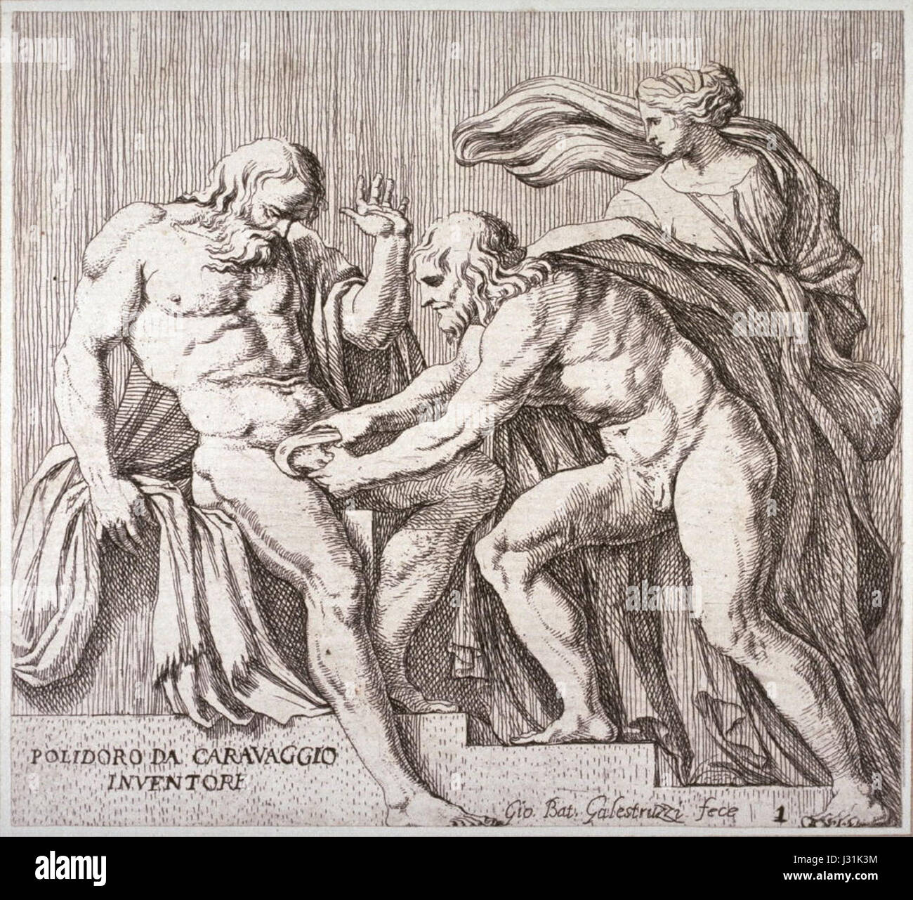 Dieses Kunstwerk mit dem Titel „Kastration des Uranus“ basiert auf einer berühmten Komposition von Polidoro da Caravaggio, die eine mythologische Szene aus der klassischen griechischen Mythologie über die Gottheit Uranus und seinen gewalttätigen Sturz illustriert. Stockfoto