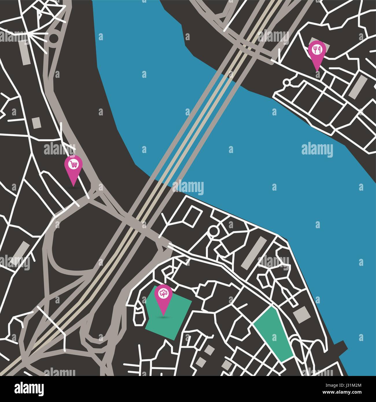 Vektor-flach abstrakten Stadtplan mit Pin Pointer und Infrastruktur Ikonen, dunklen Farben Stock Vektor