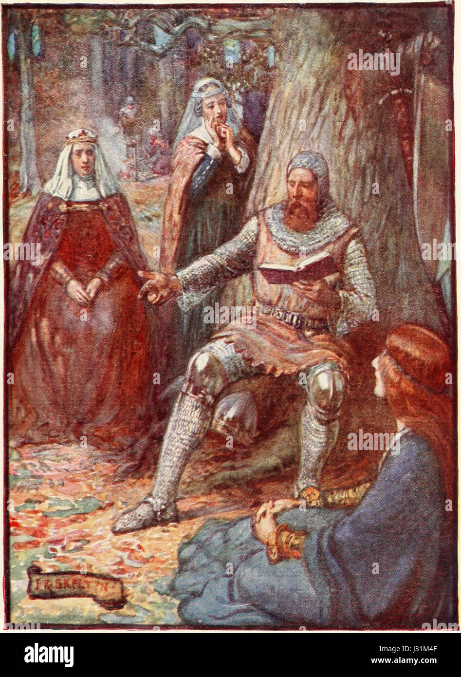 Dieser Satz bezieht sich wahrscheinlich auf eine Tradition, in der ein König oder Herrscher seine Anhänger oder Untertanen nachts um ein Lagerfeuer versammelte, Geschichten aus alten Texten oder Folklore erzählte und Führung mit kultureller Bewahrung vermischte. Stockfoto